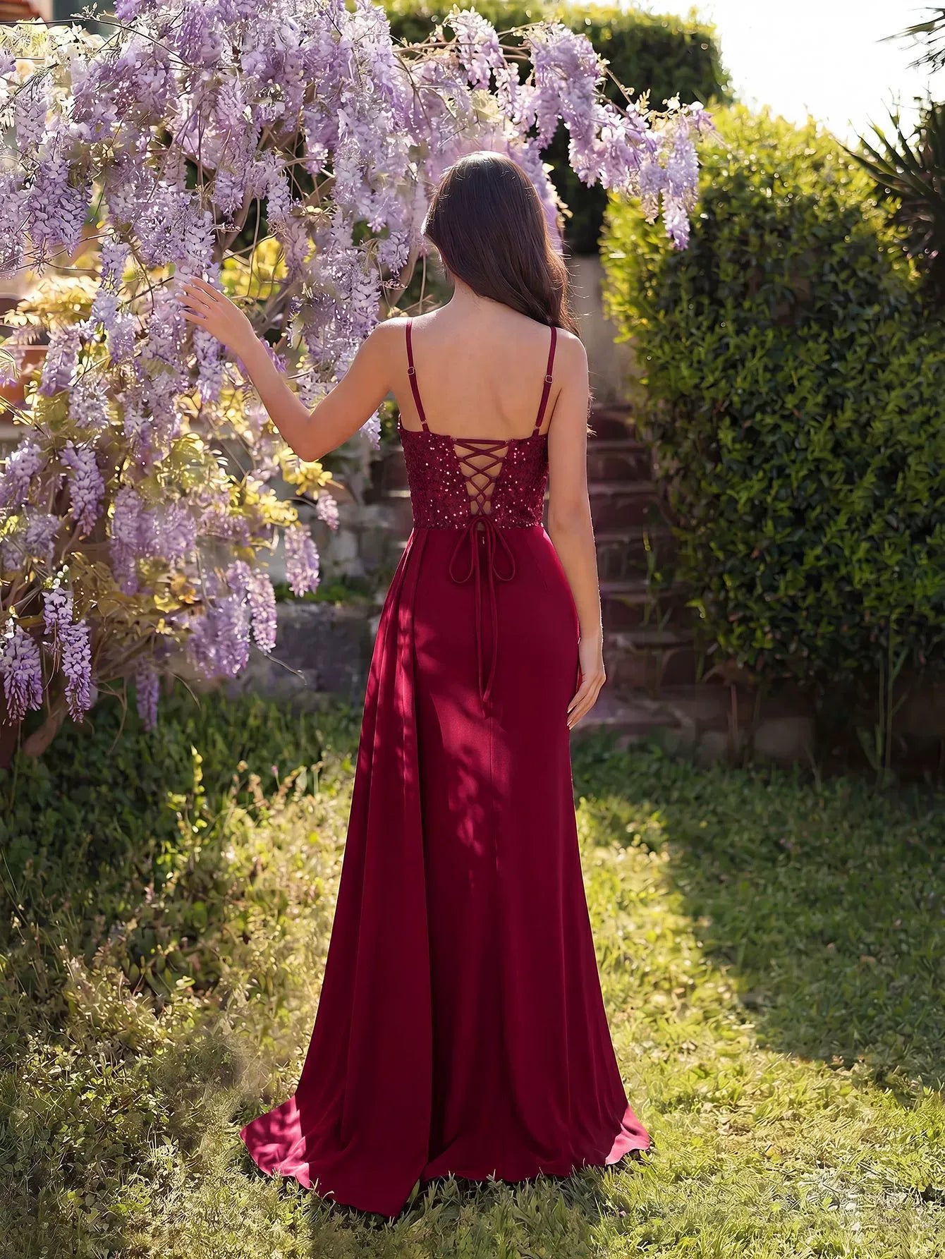 Beaded Corset Ruched Satin High Slit Prom Dress