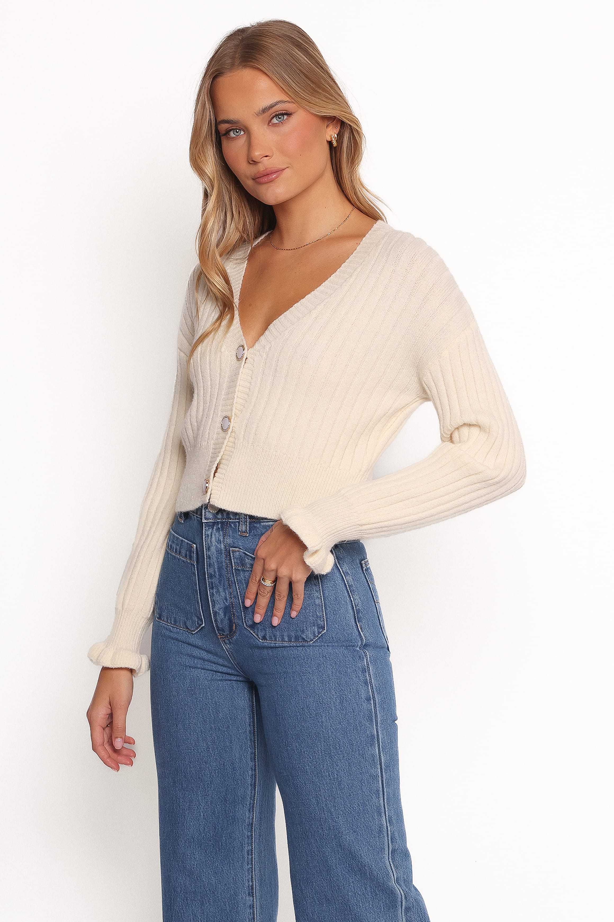 Zana Ribbed Ruffle Cuff Knit Sweater - Cream